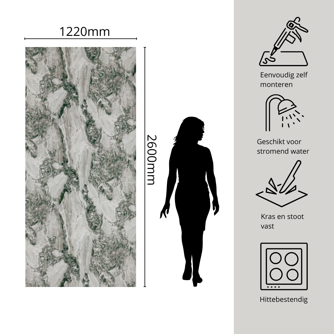Wit met bruin en grijze wandpanelen met specificaties en bemating