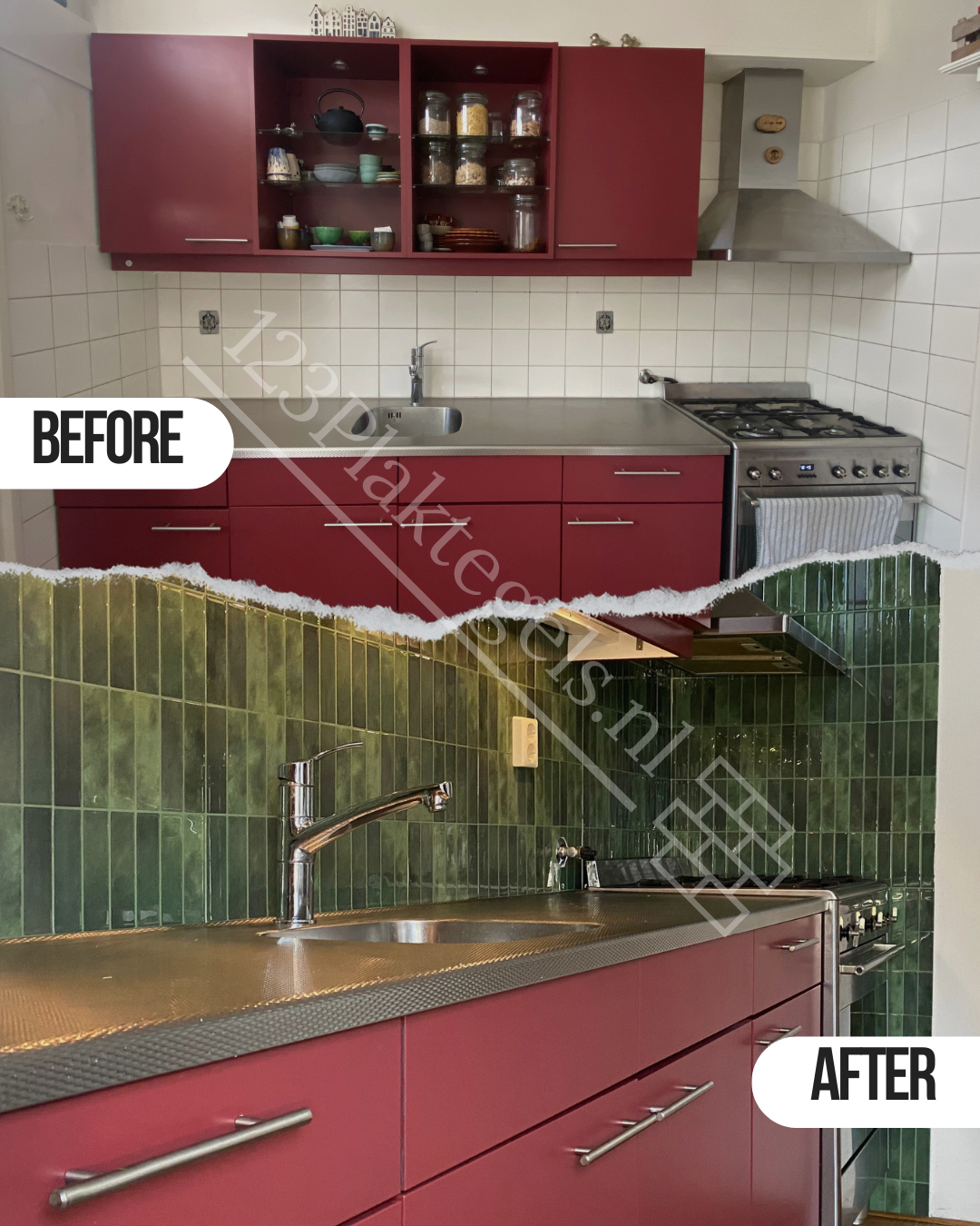 Achterwand keuken Plaktegels groen before and after