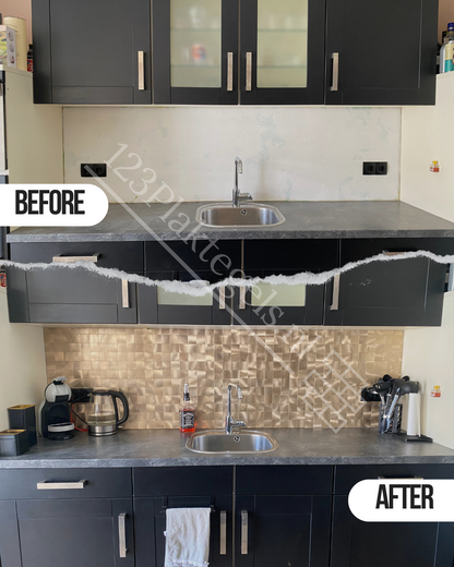 Keuken achterwand Plaktegels goud geborsteld vierkant before and after