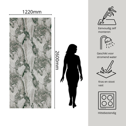 Wit met bruin en grijze wandpanelen met specificaties en bemating