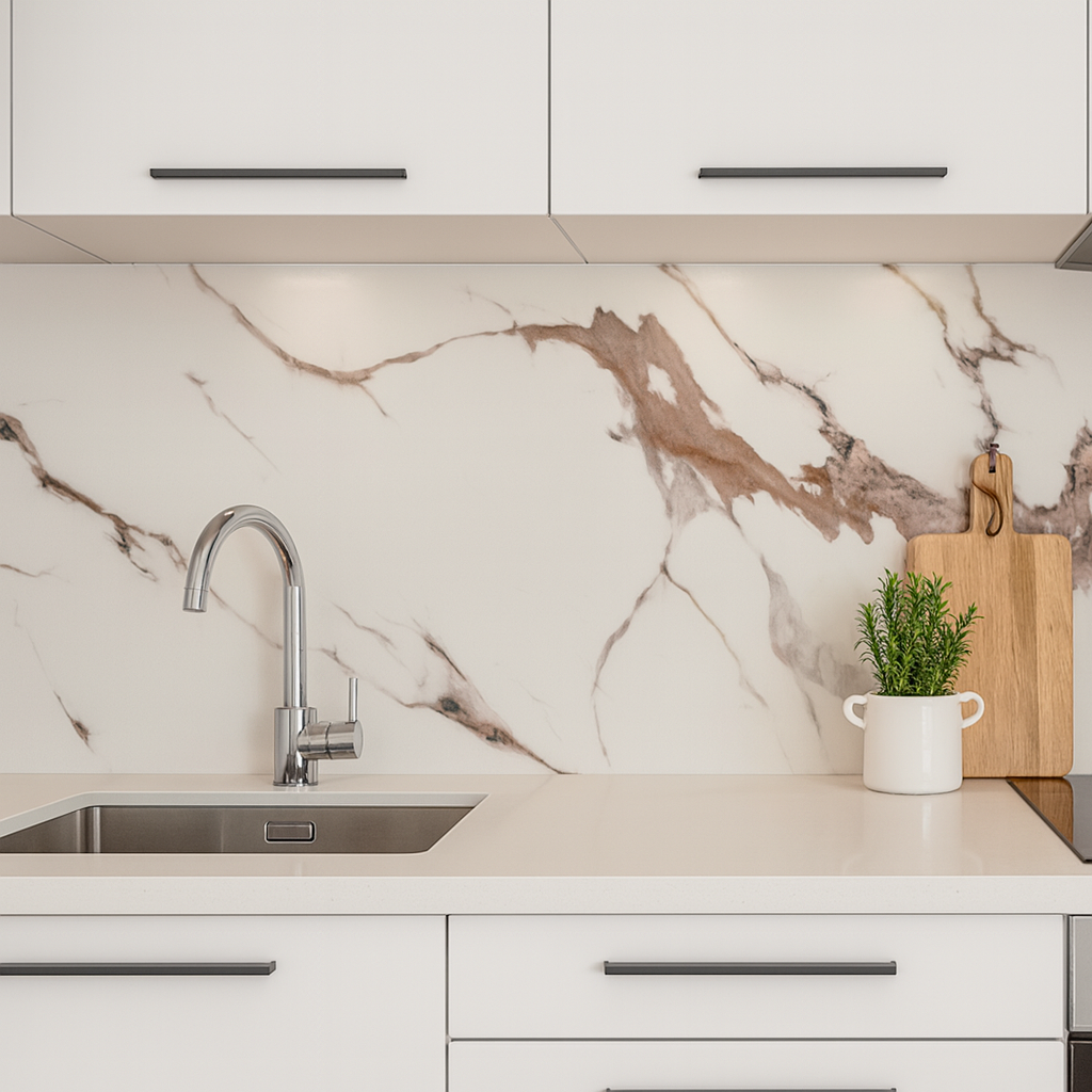 Beige wit marmerlook wandpanelen als achterwand keuken bij 123plaktegels.nl