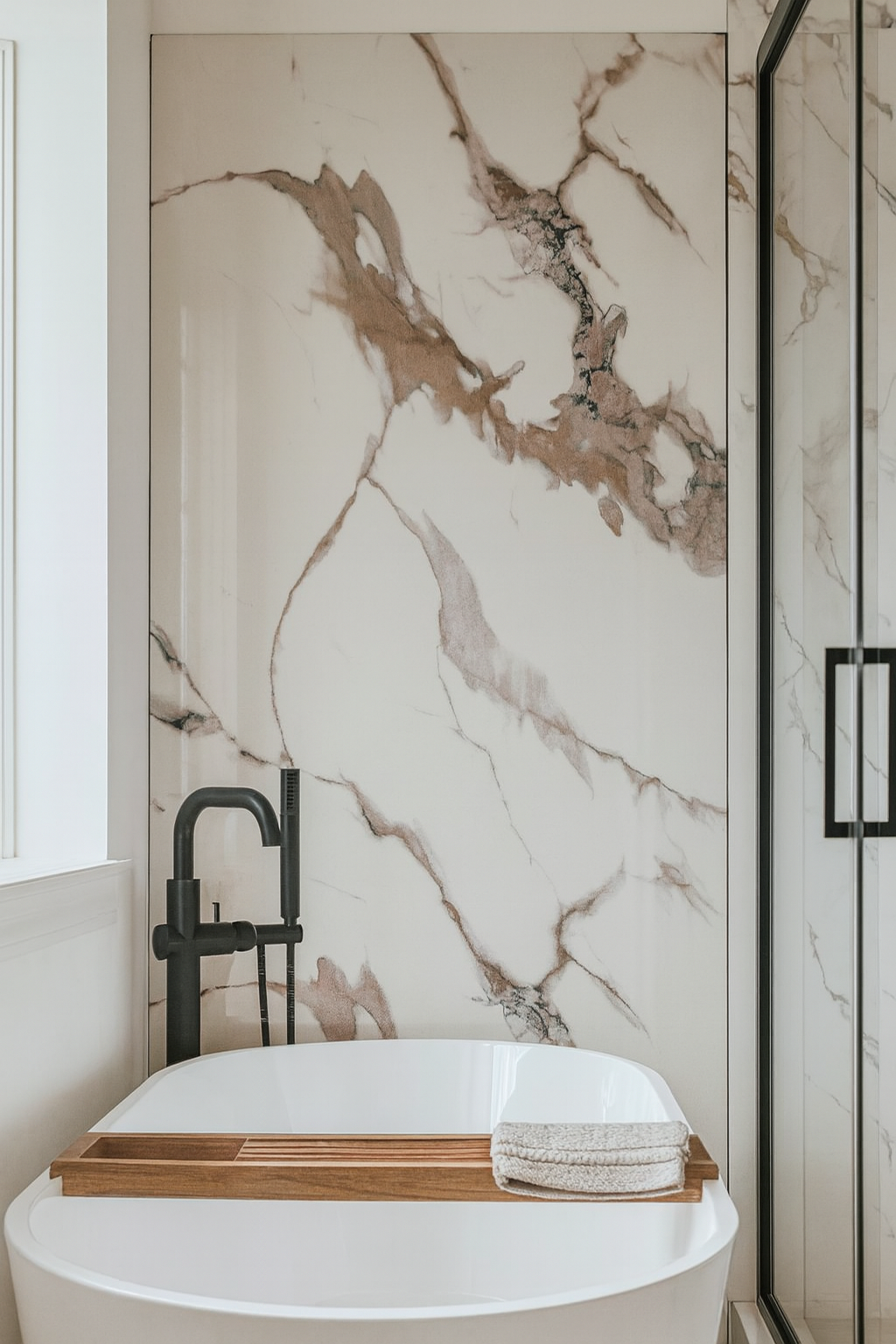 Beige wit marmerlook wandpanelen in de badkamer bij 123plaktegels.nl